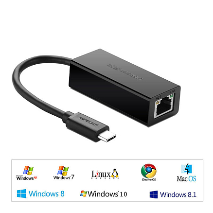 Переходник Type-C  - Ethernet RJ45 (папа - мама) с кабелем Ugreen 30287 черный