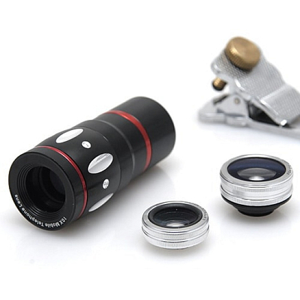 Объектив для телефона универсальный 4-в-1: Fisheye, Wide-Angle, Macro, Telephoto 10х на прищепке серебристый