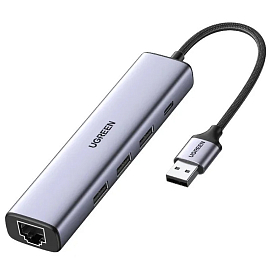 Переходник Type-C - 3хUSB 3.0, Gigabit Ethernet, Type-C PD 100W Ugreen CM475 с питанием Type-C серый