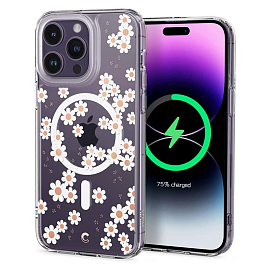 Чехол для iPhone 14 Pro гибридный Spigen Cyrill Cecile White Daisy MagSafe прозрачный