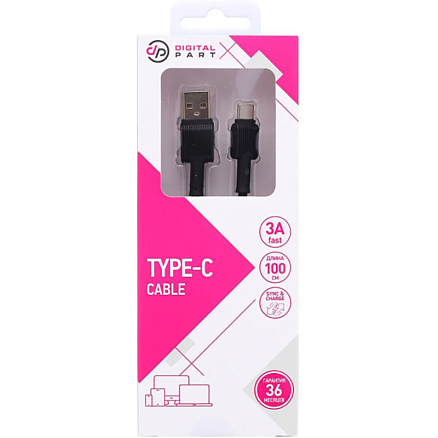 Кабель Type-C - USB для зарядки 1 м 3А плетеный Digitalpart TC-306 черный