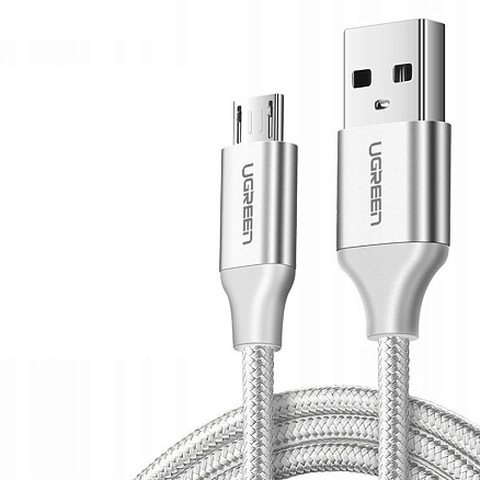 Кабель USB - MicroUSB для зарядки 2 м 2А 18W плетеный Ugreen US290 (быстрая зарядка QC 3.0) серебристый