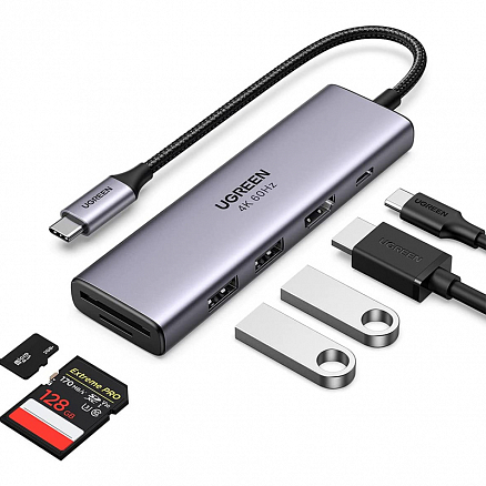 Хаб (разветвитель) Type-C - HDMI 4K 30Hz, 2 х USB 3.0, Type-C PD 100W с картридером SD и MicroSD Ugreen CM511 серый