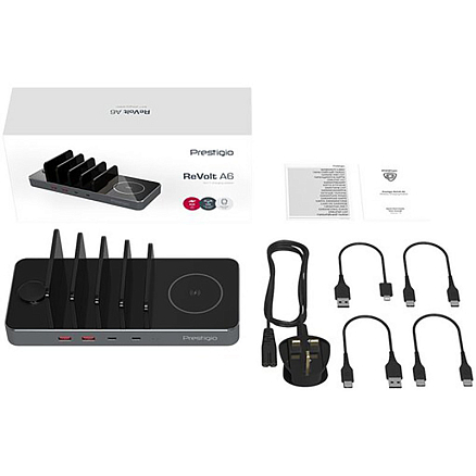 Зарядное устройство 6-в-1 для четырех телефонов, Apple Watch и AirPods Prestigio ReVolt A6 (быстрая зарядка) серое