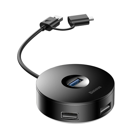 USB 3.0 + Type-C HUB (разветвитель) на 1 порт USB 3.0 и 3 порта USB 2.0 12 см Baseus Round Box с питанием MicroUSB черный