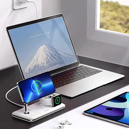 Беспроводная зарядка 3-в-1 MagSafe для телефона, Apple Watch и AirPods 25W MFi Ugreen CD278 (быстрая зарядка) белая