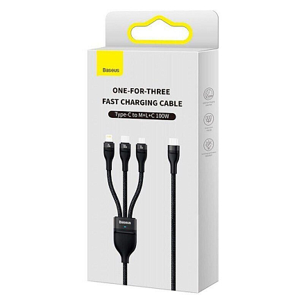 Кабель Type-C - MicroUSB, Lightning, Type-C 1,5 м 100W плетеный Baseus Flash Series черный