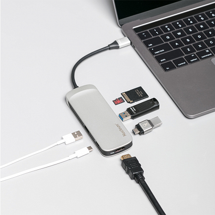 Хаб (разветвитель) Type-C - HDMI 4K, 2 х USB 3.0, Type-C PD с картридером SD и MicroSD Kingston Nucleum серебристый