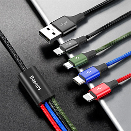 Кабель USB - 2 х Lightning, MicroUSB, Type-C 1,2 м 3.5A плетеный Baseus Rapid черный