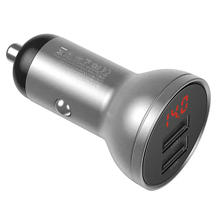 Зарядное устройство автомобильное с двумя USB входами 4.8A 24W Baseus Digital Display серебристое