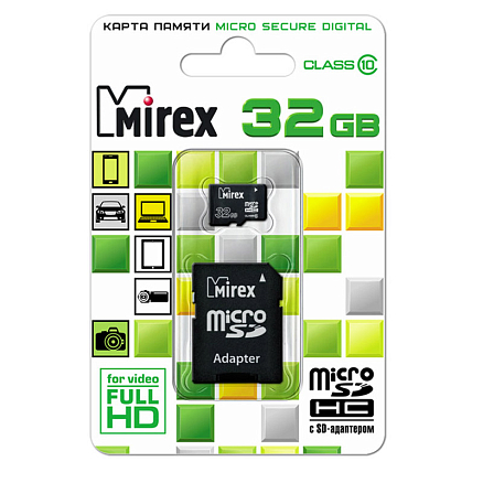 Карта памяти Mirex MicroSDHC 32Gb Class 10 скоростная с адаптером SD