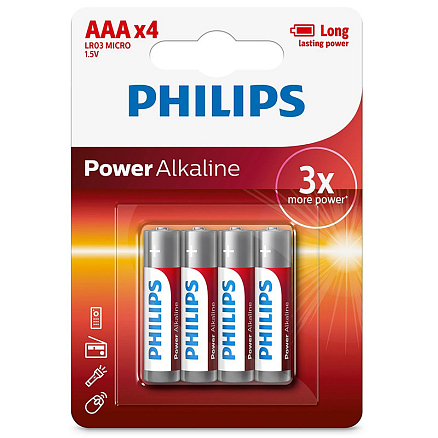 Батарейка LR03 (пальчиковая маленькая AAA) Philips Power Alkaline LR03P4B/97 упаковка 4 шт.