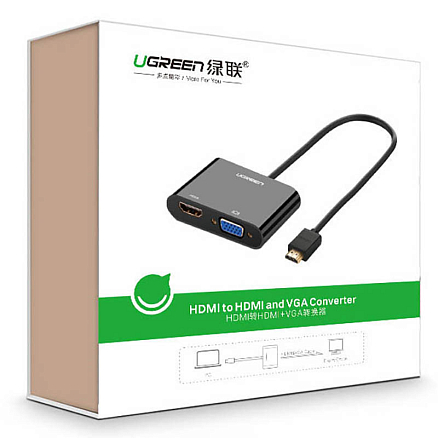 Преобразователь HDMI - VGA + Audio, HDMI (папа - мама, мама) с кабелем Ugreen CM101 черный