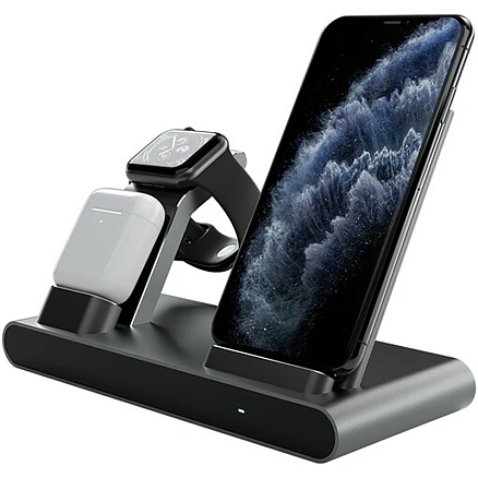 Беспроводная зарядка 3-в-1 для телефона, Apple Watch и AirPods 10W Prestigio ReVolt A1 (быстрая зарядка) темно-серая