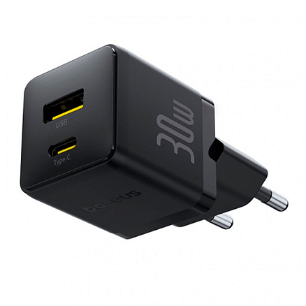 Зарядное устройство сетевое с USB и Type-C входами 3А 30W с кабелем Type-C 60W Baseus Palm (быстрая зарядка PD) черное