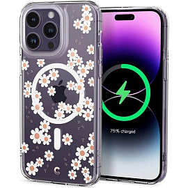 Чехол для iPhone 14 Pro Max гибридный Spigen Cyrill Cecile White Daisy MagSafe прозрачный
