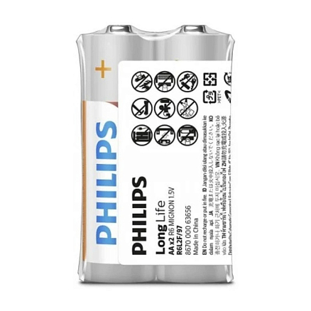 Батарейка LR6 (пальчиковая большая AA) Philips Longlife Zinc R6L2F/97 упаковка 2 шт.