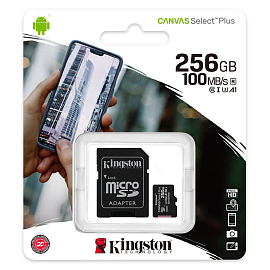 Карта памяти Kingston Canvas Select Plus MicroSDXC 256Gb UHS-I U3 V30 100 Мб/с с адаптером SD