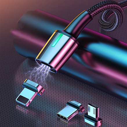 Кабель USB - MicroUSB, Lightning, Type-C 2 м 2А со сменными штекерами магнитный плетеный Baseus Zinc черный