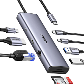 Хаб (разветвитель) Type-C - 2 x USB 3.0, 2 x Type-C, HDMI 4K 60Hz, RJ45, SD, MicroSD, Type-C PD 100W Ugreen CM498-15375 серый