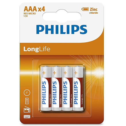 Батарейка LR03 (пальчиковая маленькая AAA) Philips Longlife Zinc R03L4B/97 упаковка 4 шт.