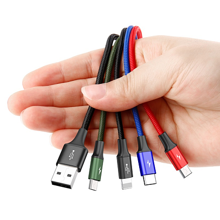 Кабель USB - Lightning, 2 х MicroUSB, Type-C 1,2 м 3.5A плетеный Baseus Rapid черный