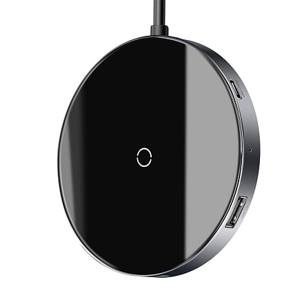 Беспроводная зарядка для телефона с USB хабом на 4 порта Baseus Circular Mirror (быстрая зарядка) c Type-C кабелем черная