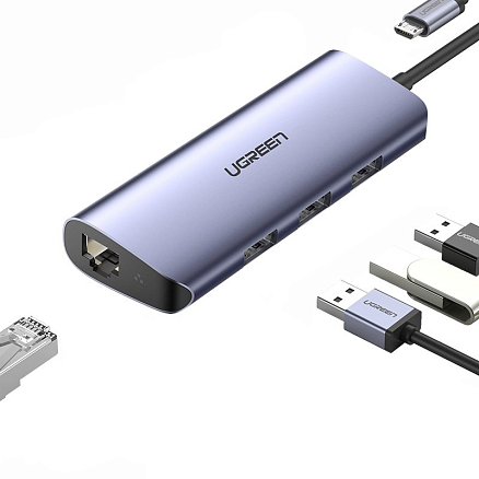 USB 3.0 HUB (разветвитель) на 3 порта + Gigabit Ethernet Ugreen CM252 с питанием MicroUSB серый