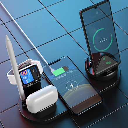 Беспроводная зарядка 7-в-1 для двух телефонов, Apple Watch, AirPods и Apple Pencil 10W c двумя USB портами SeenDa WS15 черная