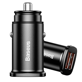 Зарядное устройство автомобильное с двумя USB входами 5А 30W Baseus Square Metal (быстрая зарядка QC 3.0) черное