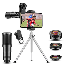 Объектив для телефона универсальный 4-в-1: Telephoto 22Х, Fisheye, Wide-Angle, Macro Apexel APL-22 + штатив для телефона