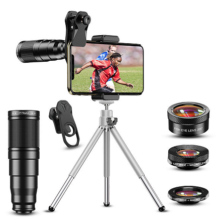 Объектив для телефона универсальный 4-в-1: Telephoto 22Х, Fisheye, Wide-Angle, Macro Apexel APL-22 + штатив для телефона