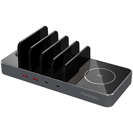 Зарядное устройство 6-в-1 для четырех телефонов, Apple Watch и AirPods Prestigio ReVolt A6 (быстрая зарядка) серое