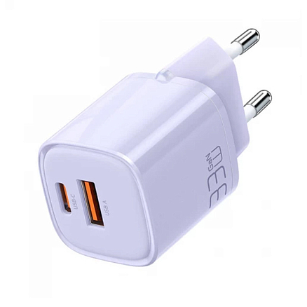 Зарядное устройство сетевое с USB и Type-C входами 33W GaN McDodo CH-0155 (быстрая зарядка PD, QC) фиолетовое