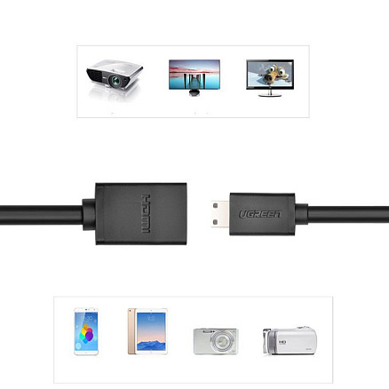 Кабель MiniHDMI - HDMI (папа - мама) длина 22 см версия 2.0 Ugreen 20137 черный