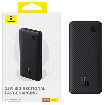Внешний аккумулятор Baseus Airpow Lite 10000мАч (USB, Type-C, ток 3А, быстрая зарядка PD, QC 3.0, 15Вт) черный