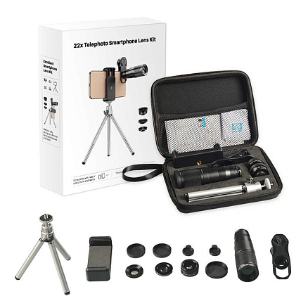 Объектив для телефона универсальный 4-в-1: Telephoto 22Х, Fisheye, Wide-Angle, Macro Apexel APL-22 + штатив для телефона