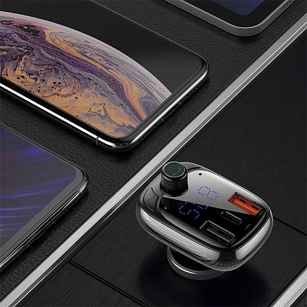 FM модулятор (трансмиттер) автомобильный Baseus S-13 с громкой связью, двумя USB (5A, Q.C 4.0) для зарядки и Type-C (PD 3.0) черный