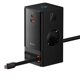 Сетевой фильтр на 2 розетки, USB, Type-C, с выдвижным кабелемType-C 65W GaN длина 1.5 м Baseus PSLR000301 PowerCombo (быстрая зарядка QC, PD) черный