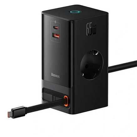 Сетевой фильтр на 2 розетки, USB, Type-C, с выдвижным кабелемType-C 65W GaN длина 1.5 м Baseus PSLR000301 PowerCombo (быстрая зарядка QC, PD) черный