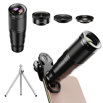 Объектив для телефона универсальный 4-в-1: Telephoto 22Х, Fisheye, Wide-Angle, Macro Apexel APL-22 + штатив для телефона