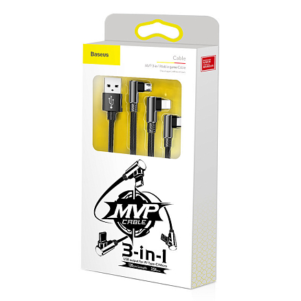 Кабель USB - MicroUSB, Lightning, Type-C 1,2 м 3.5A плетеный с угловыми штекерами Baseus MVP черный