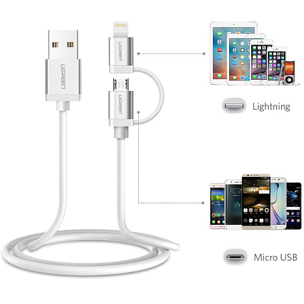 Кабель USB - MicroUSB, Lightning 1 м 2.4А MFi Ugreen US165 серебристый