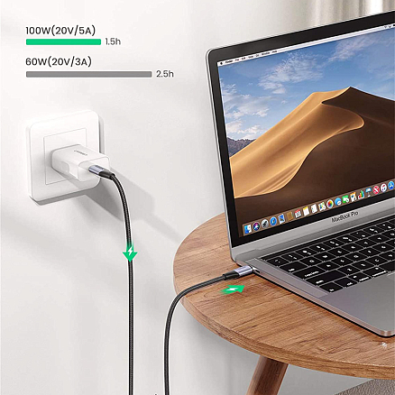 Кабель Type-C - Type-C 3.1 Gen2 длина 1 м 5A 20V 100W 4K 60Hz плетеный Ugreen US355 (быстрая зарядка PD, QC 3.0) черный