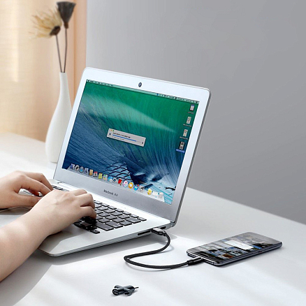 Кабель USB - Type-C + переходник на Lightning для зарядки 23 см 2.4А плетеный Baseus U-Shaped черный