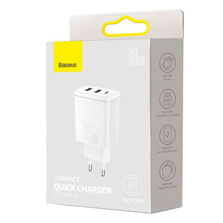Зарядное устройство сетевое с двумя USB и Type-C входом 3А 30W Baseus Compact (быстрая зарядка PD, QC 3.0) белое