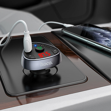 FM модулятор (трансмиттер) автомобильный с громкой связью, Type-C PD 18W и USB QC для зарядки Hoco E51 Road Treasure черный
