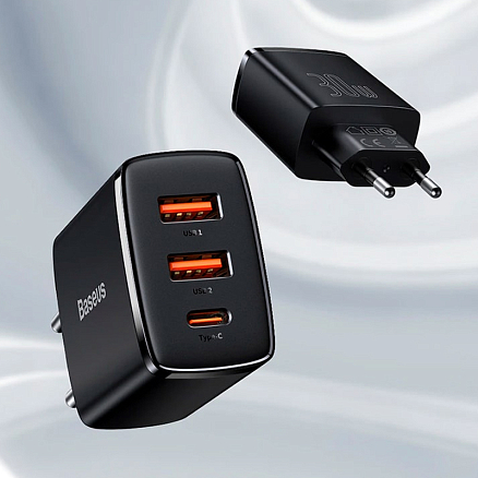 Зарядное устройство сетевое с двумя USB и Type-C входом 3А 30W Baseus Compact (быстрая зарядка PD, QC 3.0) черное