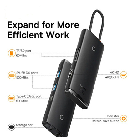 Хаб (разветвитель) Type-C - HDMI, 2 х USB 3.0, Type-C PD, SD, microSD Baseus Lite Series черный