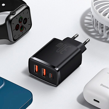 Зарядное устройство сетевое с двумя USB и Type-C входом 3А 30W Baseus Compact (быстрая зарядка PD, QC 3.0) черное